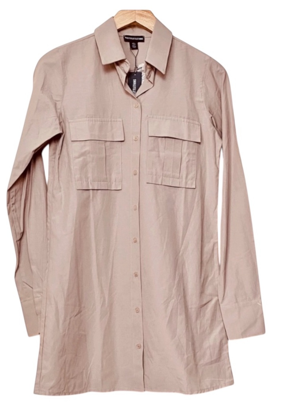 PrettyLittleThing Tan/Stone Long Sleeve Shirt Dress Sz 0 (US)